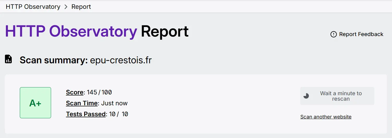 Score Mozilla Observatory Paroisse Protestante Crest