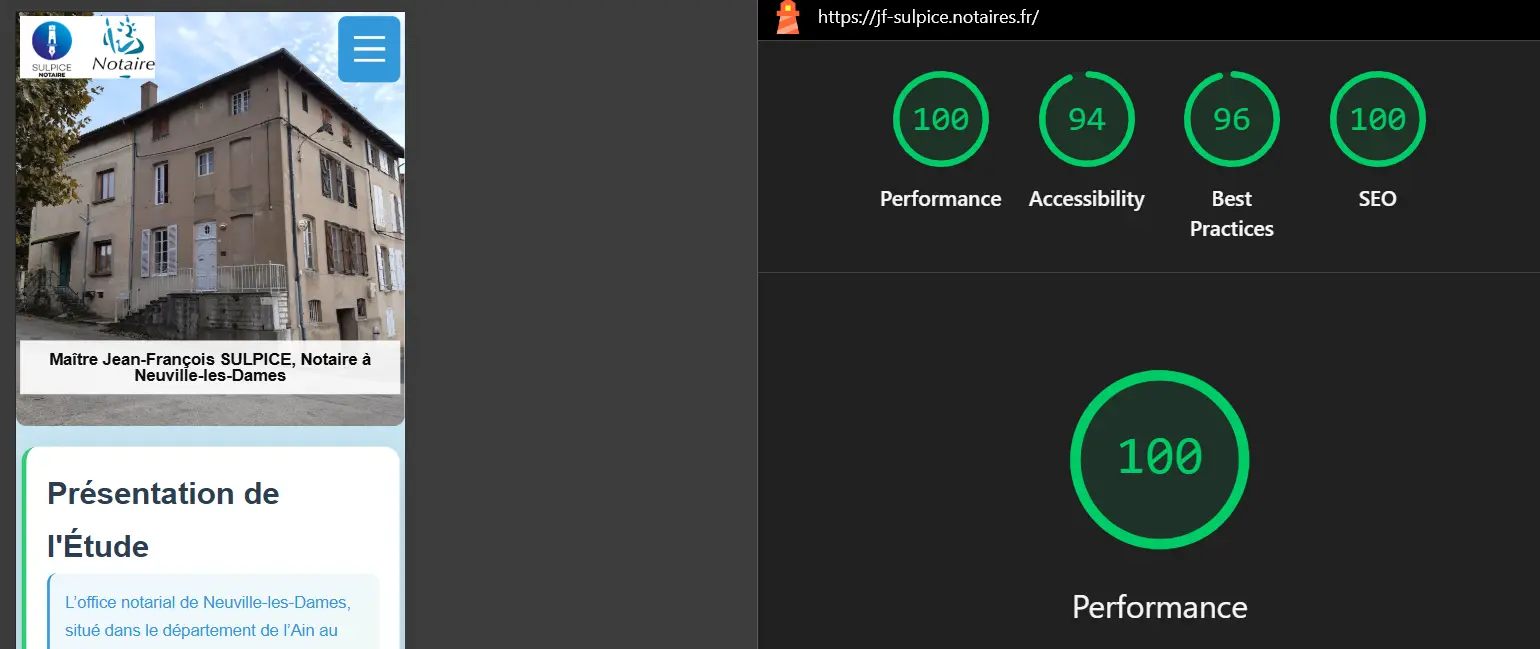 Score PageSpeed Insights Maître Sulpice